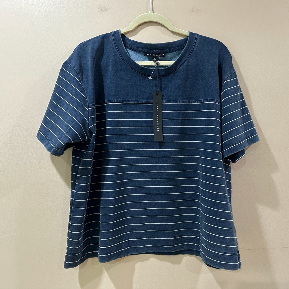 Jane & Delancey Striped T-Shirt Top Colorblock Crew Neck Short Sleeve Blue XL
